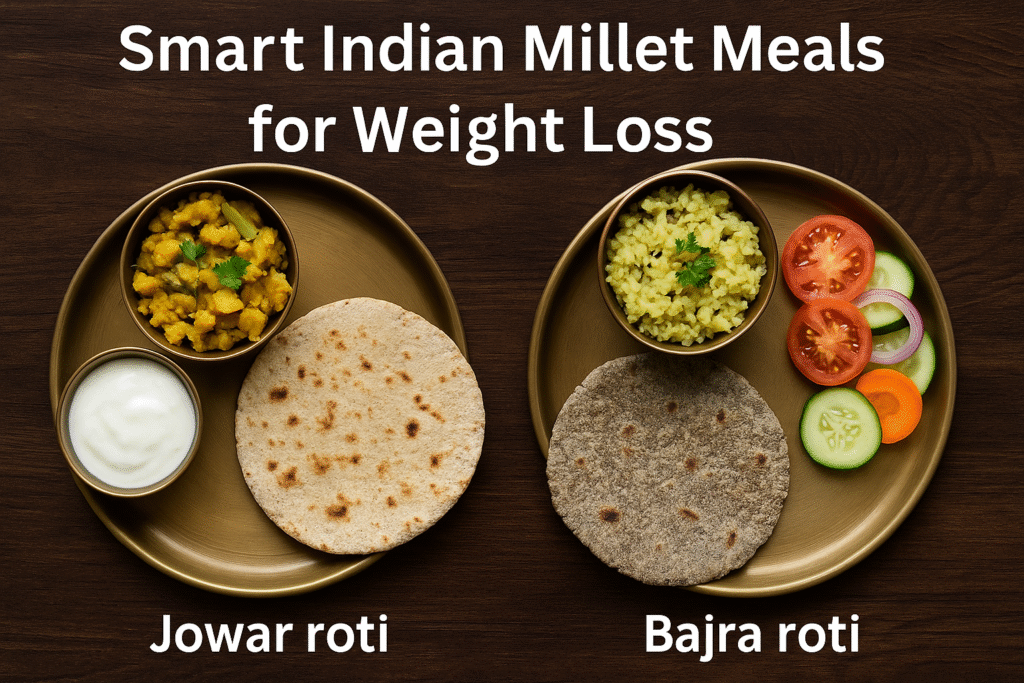 Top view of an Indian thali showing Jowar roti with sabzi and curd on one side and Bajra roti with khichdi and salad on the other, labeled “Smart Indian Millet Meals for Weight Loss”.