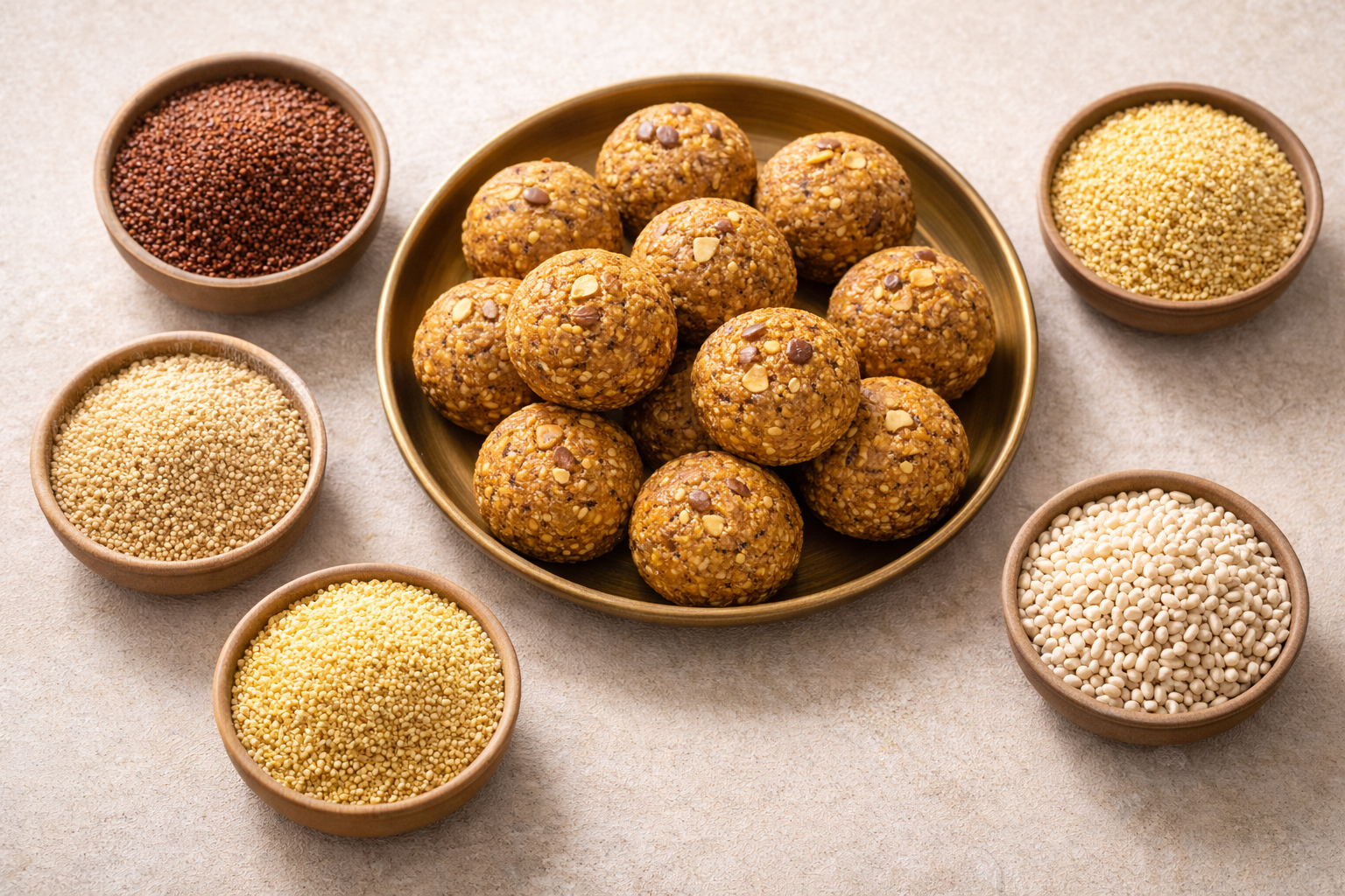 Millet laddoos and raw grains spread