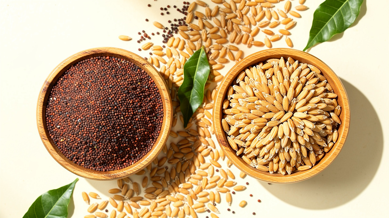 Close-up view of ragi and wheat grains